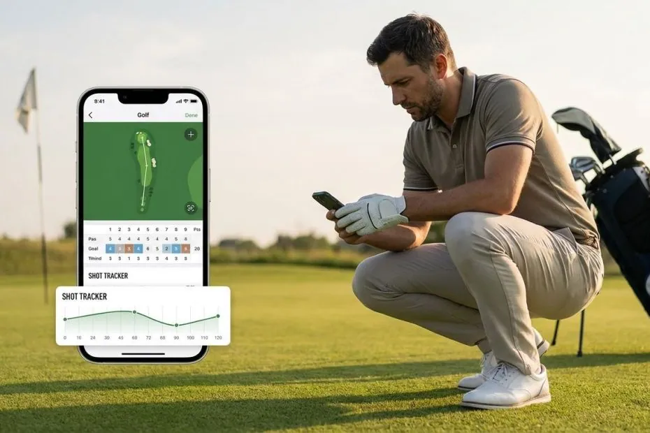 Golfer checking stats on mobile app