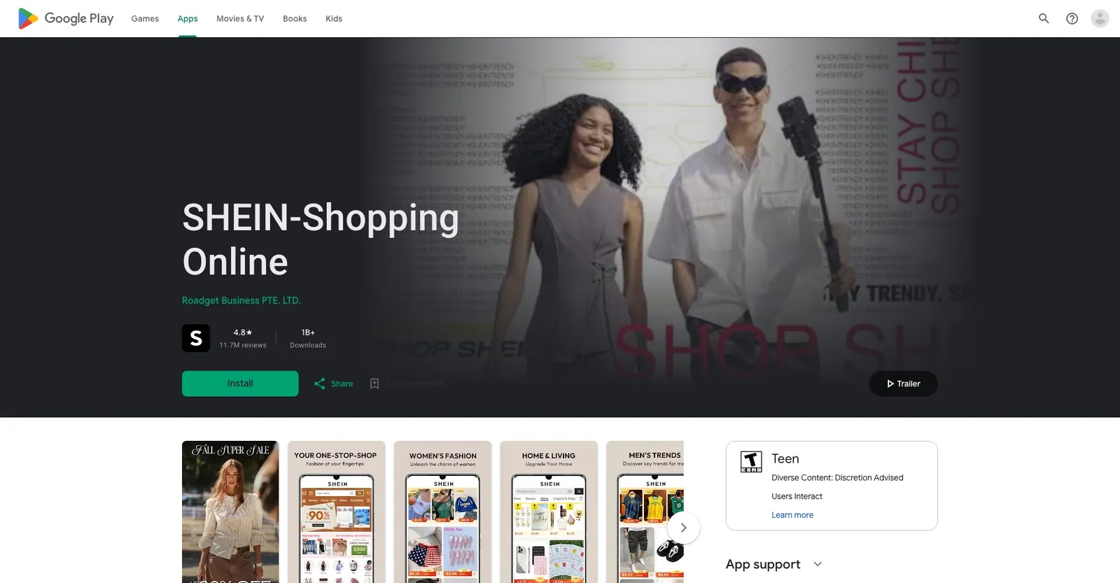 SHEIN listing on Google Play showing the Teen rating and Users Interact badge
